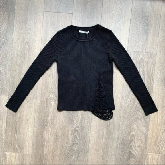 Anthropologie One Grey Day Robert Sweater Distressed Ribbed Knit Cotton Black S - Picture 2 of 16